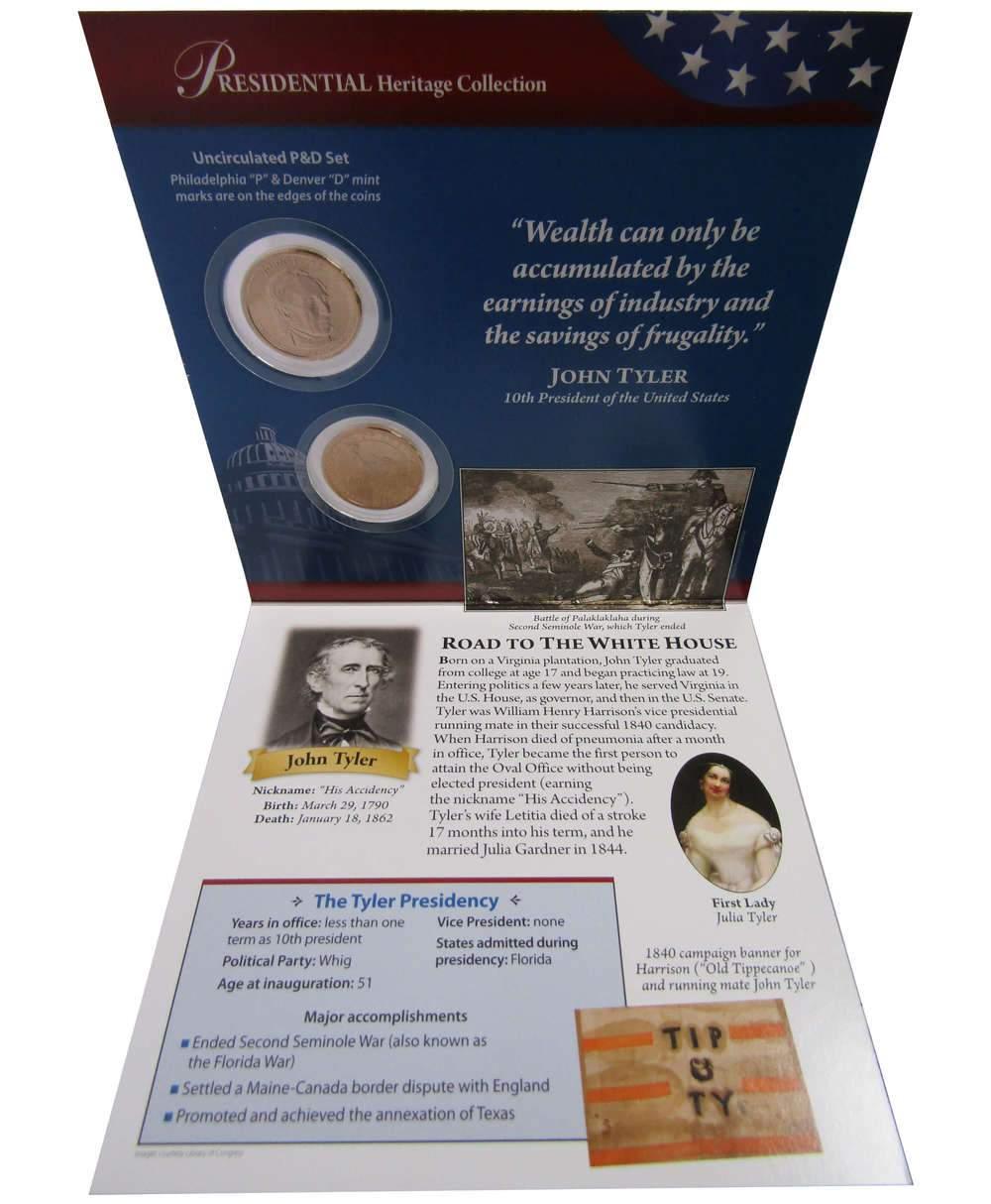 2009 P&D John Tyler Presidential Dollar Dollar 2 Coin Set BU Uncirculated Bifold
