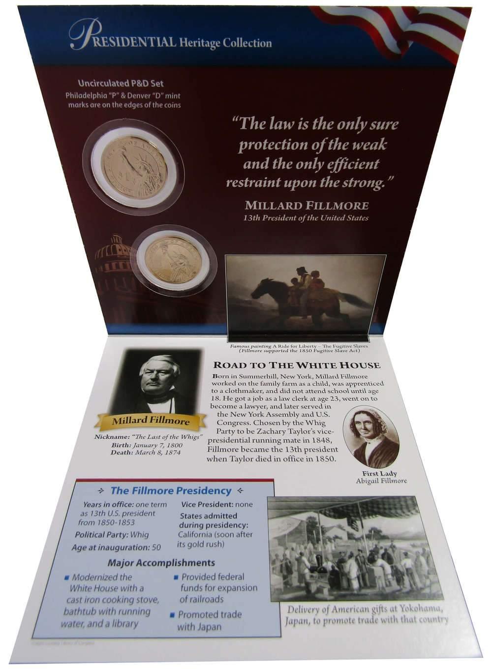 2010 P&D Millard Fillmore Presidential Dollar 2 Coin Set BU Uncirculated Bifold