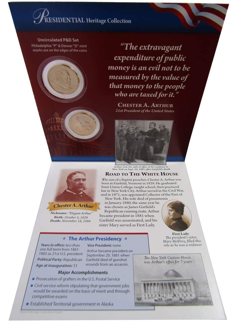 2012 P&D Chester Arthur Presidential Dollar 2 Coin Set BU Uncirculated Bifold
