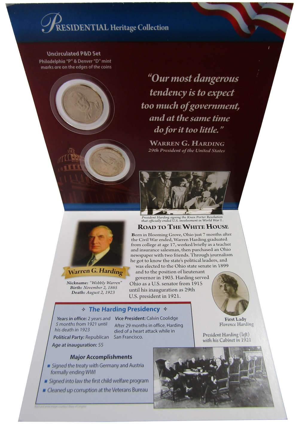 2014 P&D Warren G Harding Presidential Dollar 2 Coin Set BU Uncirculated Bifold