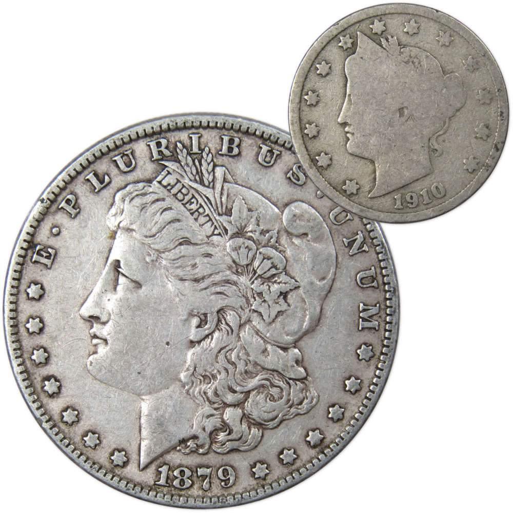 1879 Morgan Dollar VF Very Fine 90% Silver Coin with 1910 Liberty Nickel G Good - Morgan coin - Morgan silver dollar - Morgan silver dollar for sale - Profile Coins & Collectibles
