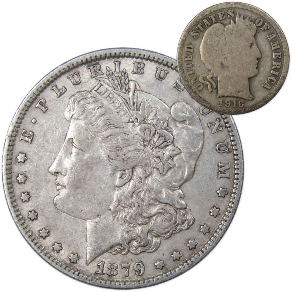 1879 Morgan Dollar XF EF Extremely Fine 90% Silver with 1916 Barber Dime G Good - Morgan coin - Morgan silver dollar - Morgan silver dollar for sale - Profile Coins & Collectibles