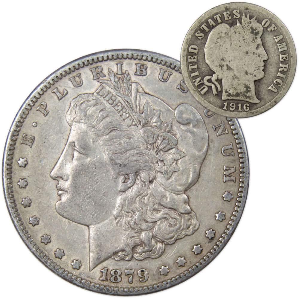 1879 S Morgan Dollar XF EF Extremely Fine with 1916 Barber Dime G Good - Morgan coin - Morgan silver dollar - Morgan silver dollar for sale - Profile Coins & Collectibles