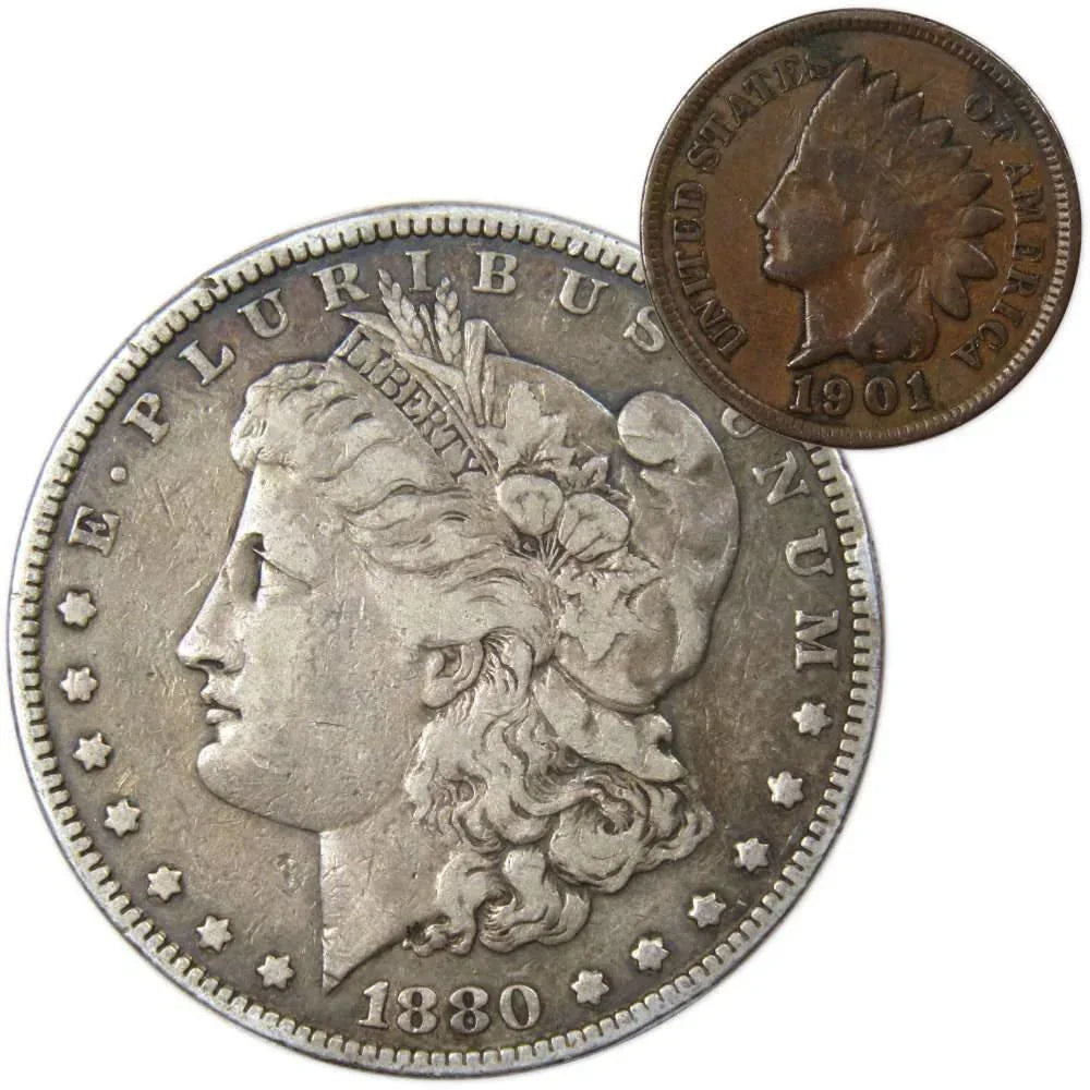 1880 Morgan Dollar F Fine 90% Silver Coin with 1901 Indian Head Cent G Good - Morgan coin - Morgan silver dollar - Morgan silver dollar for sale - Profile Coins & Collectibles