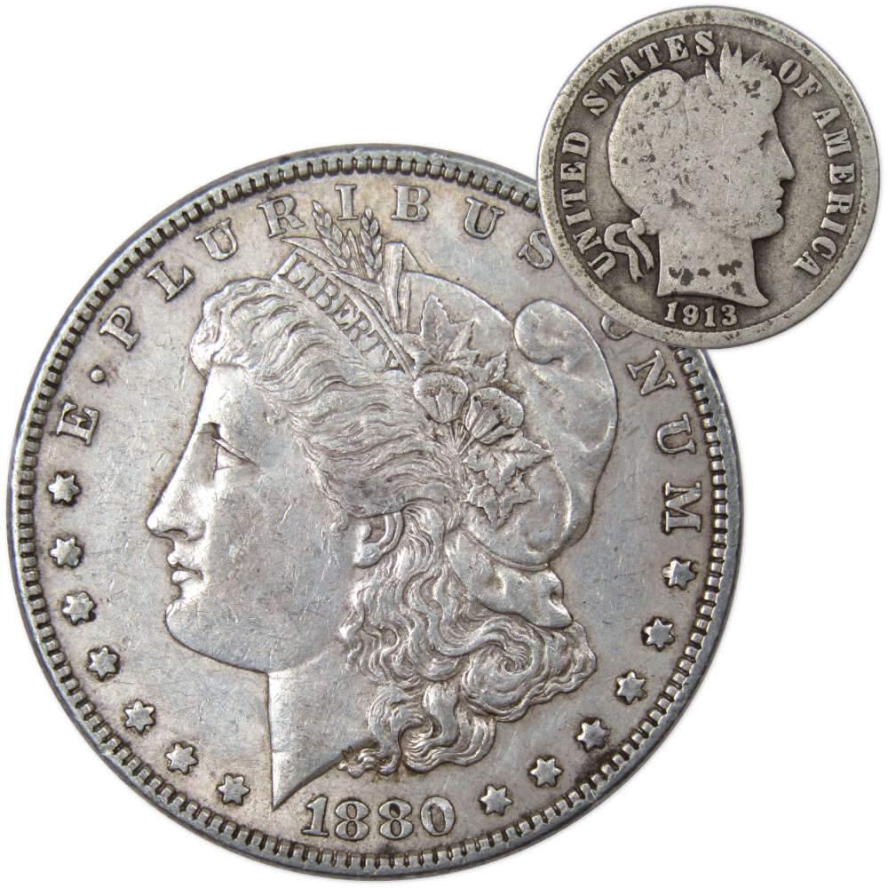 1880 Morgan Dollar XF EF Extremely Fine 90% Silver with 1913 Barber Dime G Good - Morgan coin - Morgan silver dollar - Morgan silver dollar for sale - Profile Coins & Collectibles