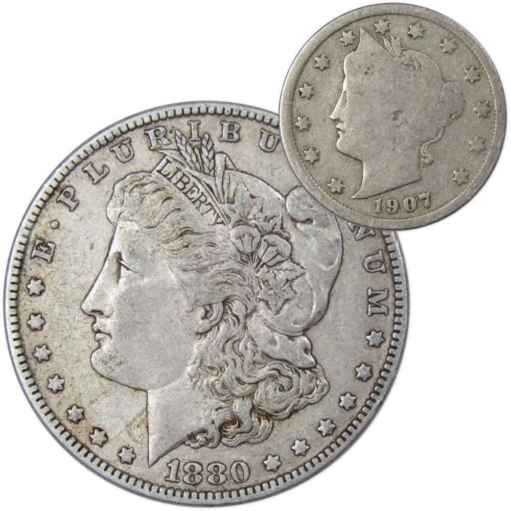 1880 O Morgan Dollar VF Very Fine 90% Silver with 1907 Liberty Nickel G Good - Morgan coin - Morgan silver dollar - Morgan silver dollar for sale - Profile Coins & Collectibles