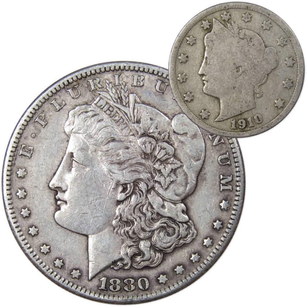 1880 S Morgan Dollar VF Very Fine 90% Silver with 1910 Liberty Nickel G Good - Morgan coin - Morgan silver dollar - Morgan silver dollar for sale - Profile Coins & Collectibles