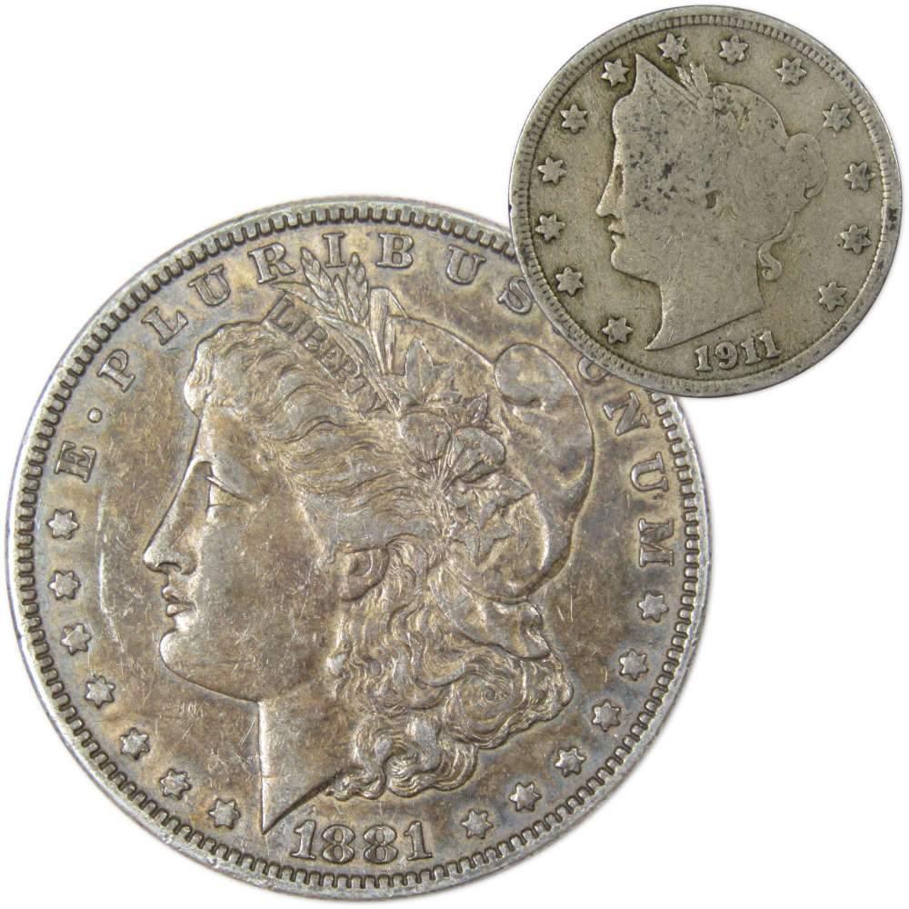 1881 Morgan Dollar VF Very Fine 90% Silver Coin with 1911 Liberty Nickel G Good - Morgan coin - Morgan silver dollar - Morgan silver dollar for sale - Profile Coins &amp; Collectibles