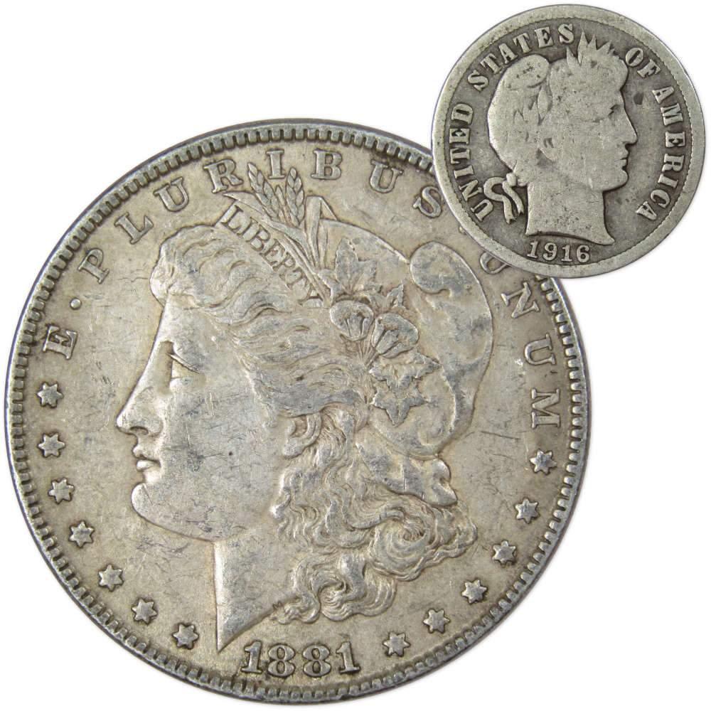 1881 Morgan Dollar XF EF Extremely Fine 90% Silver with 1916 Barber Dime G Good - Morgan coin - Morgan silver dollar - Morgan silver dollar for sale - Profile Coins & Collectibles
