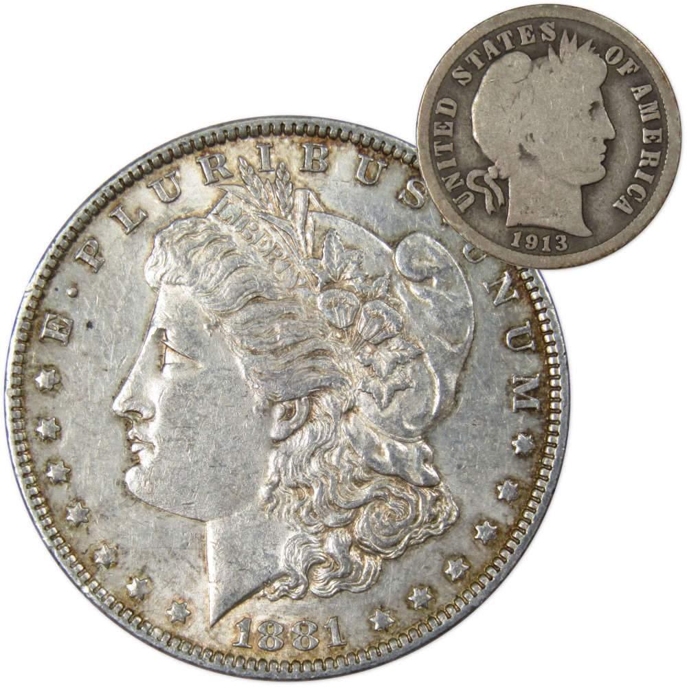 1881 O Morgan Dollar XF EF Extremely Fine with 1913 Barber Dime G Good - Morgan coin - Morgan silver dollar - Morgan silver dollar for sale - Profile Coins & Collectibles