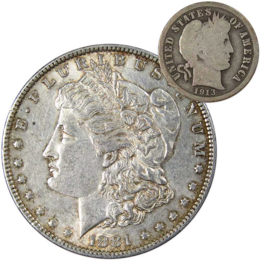 1881 O Morgan Dollar XF EF Extremely Fine with 1913 Barber Dime G Good - Morgan coin - Morgan silver dollar - Morgan silver dollar for sale - Profile Coins &amp; Collectibles