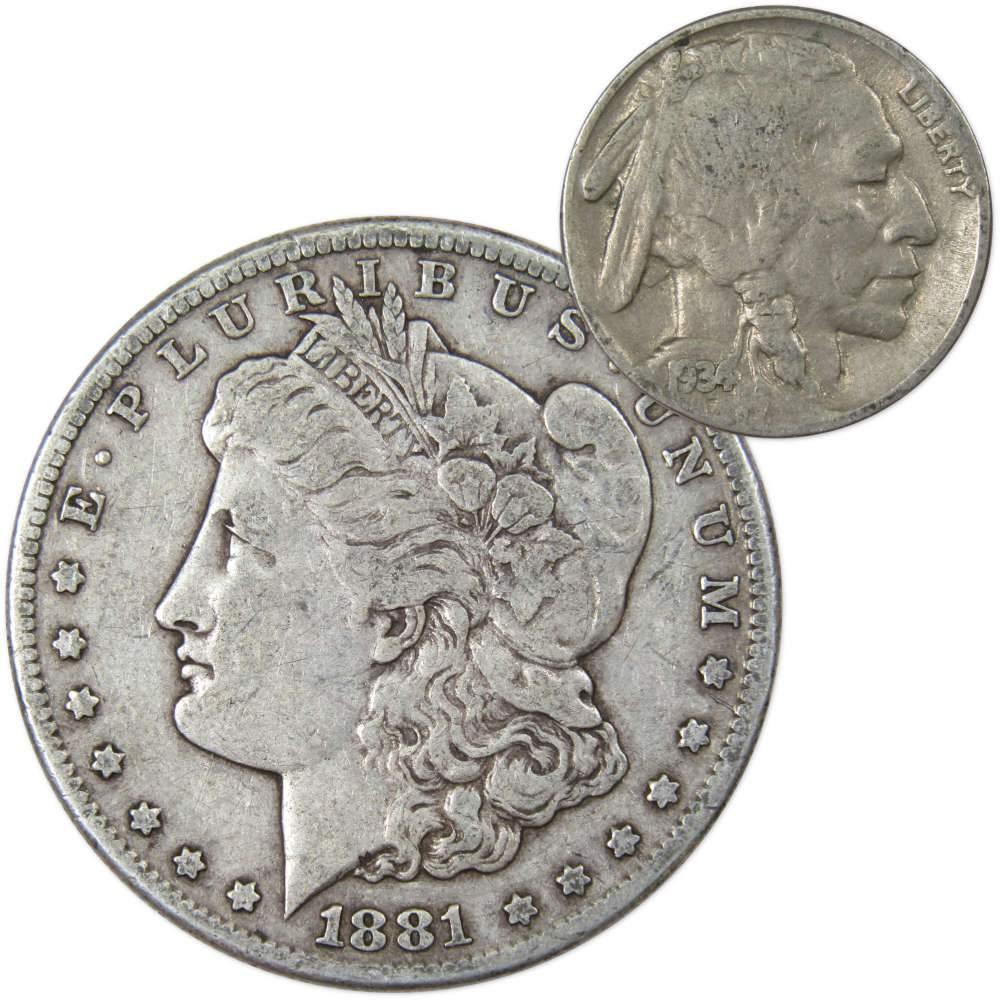 1881 S Morgan Dollar VG Very Good 90% Silver with 1934 Buffalo Nickel F Fine - Morgan coin - Morgan silver dollar - Morgan silver dollar for sale - Profile Coins & Collectibles