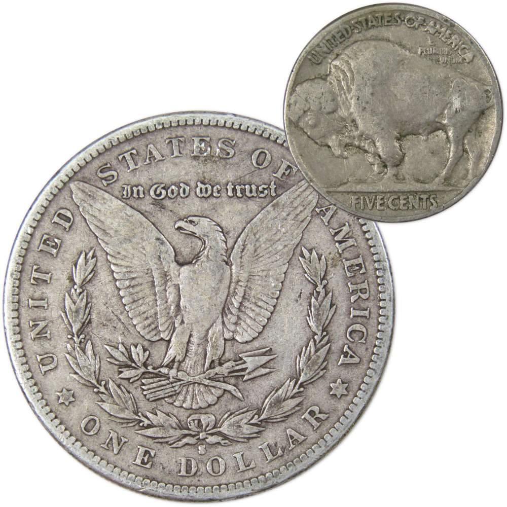 1881 S Morgan Dollar VG Very Good 90% Silver with 1934 Buffalo Nickel F Fine - Morgan coin - Morgan silver dollar - Morgan silver dollar for sale - Profile Coins & Collectibles