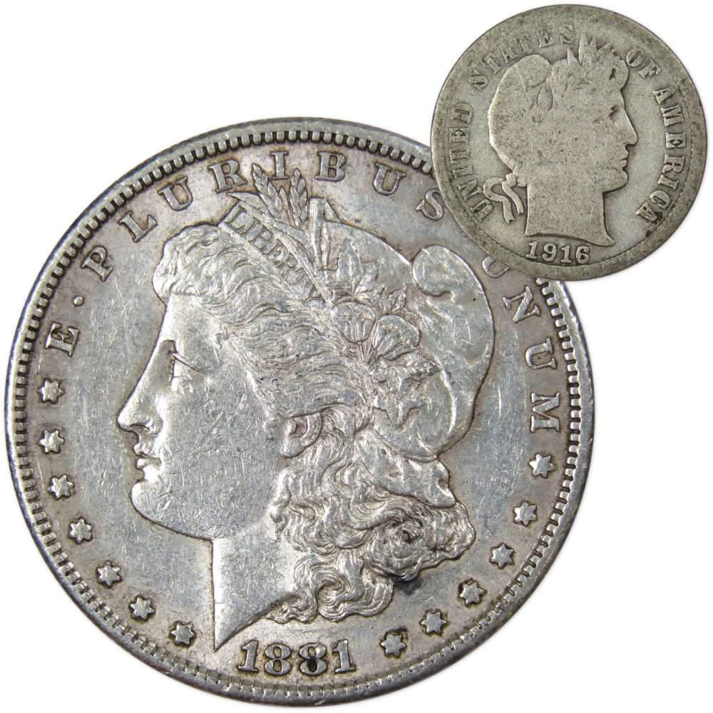 1881 S Morgan Dollar XF EF Extremely Fine with 1916 Barber Dime G Good - Morgan coin - Morgan silver dollar - Morgan silver dollar for sale - Profile Coins & Collectibles