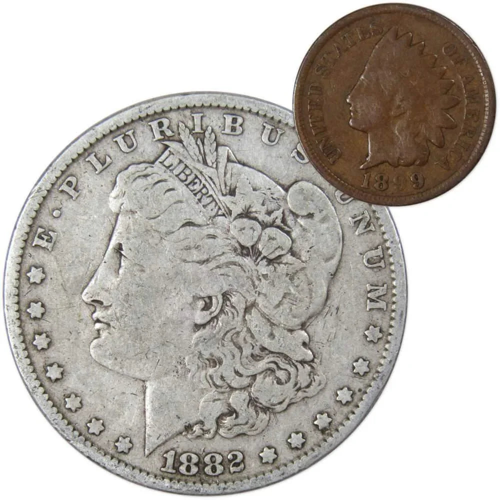 1882 Morgan Dollar F Fine 90% Silver Coin with 1899 Indian Head Cent G Good - Morgan coin - Morgan silver dollar - Morgan silver dollar for sale - Profile Coins & Collectibles