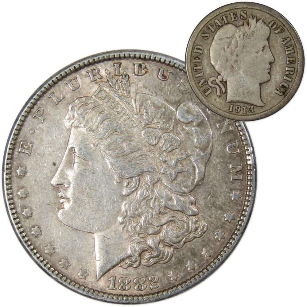 1882 Morgan Dollar XF EF Extremely Fine 90% Silver with 1913 Barber Dime G Good - Morgan coin - Morgan silver dollar - Morgan silver dollar for sale - Profile Coins & Collectibles