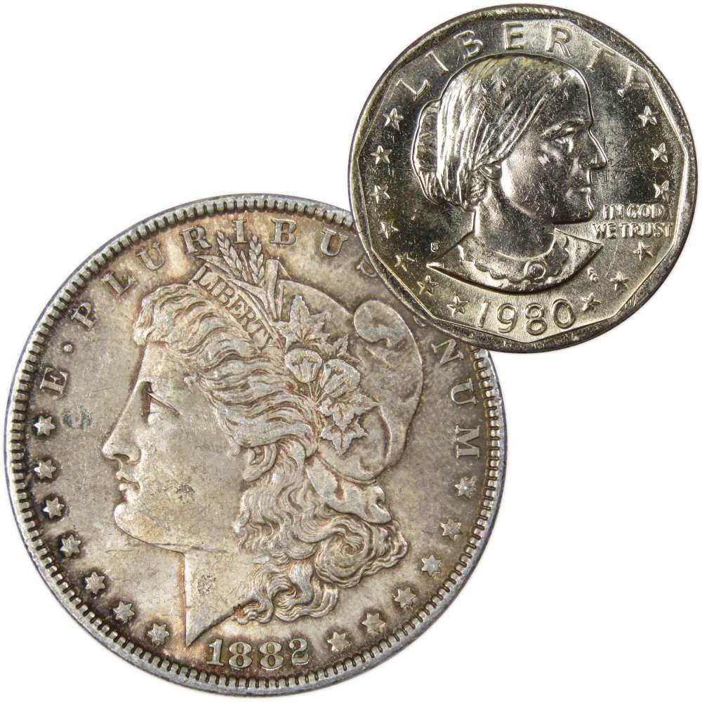 1882 Morgan Dollar AU About Uncirculated with 1980 S SBA$ BU Uncirculated - Morgan coin - Morgan silver dollar - Morgan silver dollar for sale - Profile Coins & Collectibles