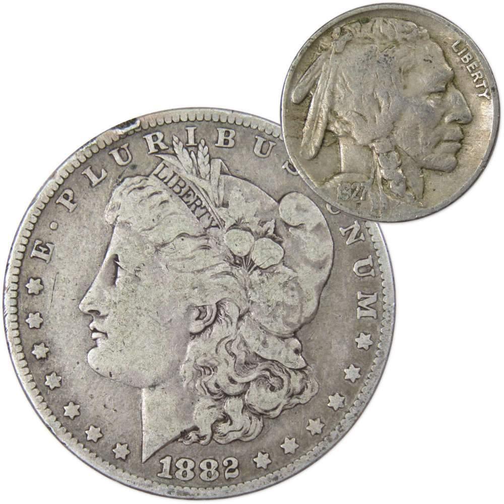 1882 O Morgan Dollar VG Very Good 90% Silver with 1927 Buffalo Nickel F Fine - Morgan coin - Morgan silver dollar - Morgan silver dollar for sale - Profile Coins & Collectibles