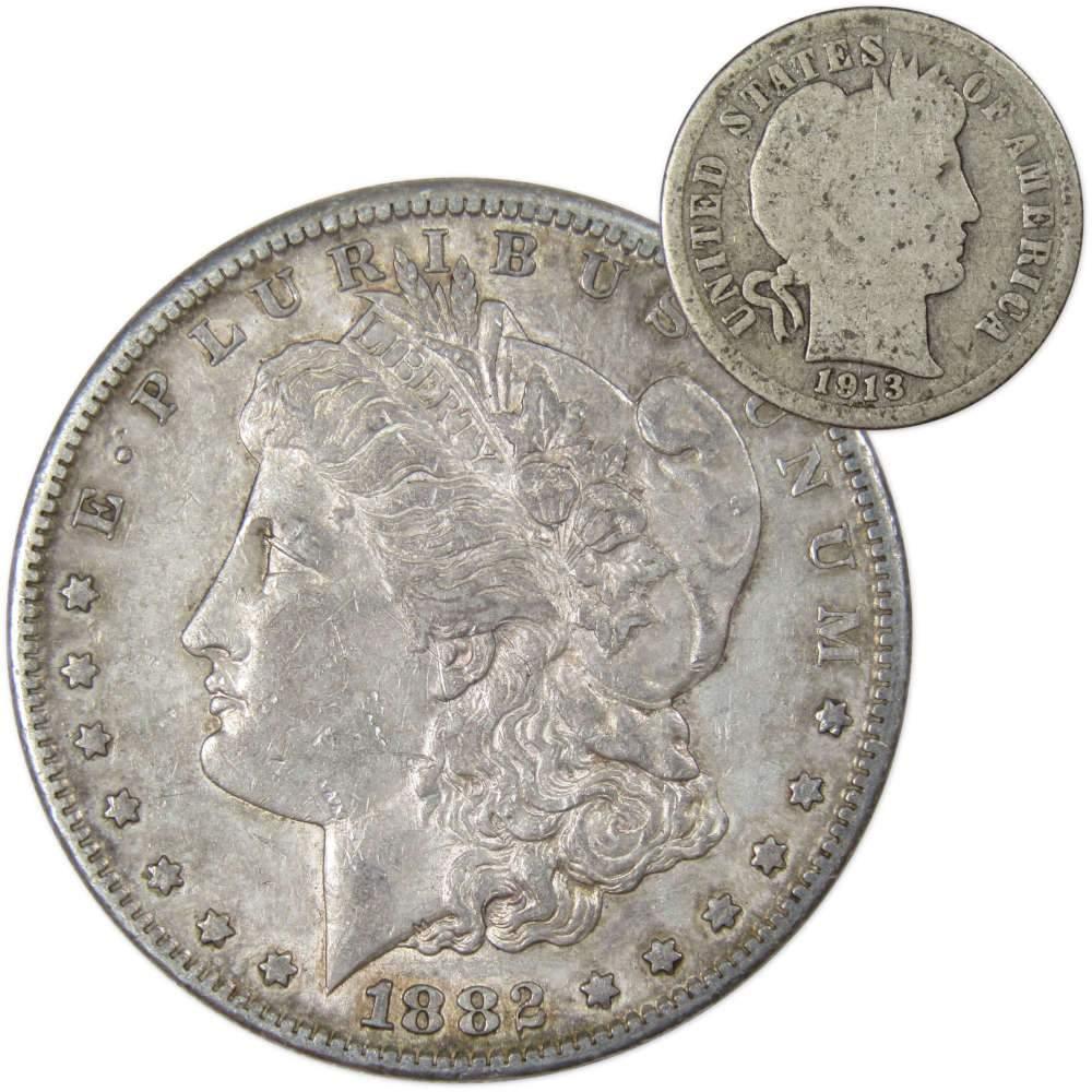 1882 S Morgan Dollar XF EF Extremely Fine with 1913 Barber Dime G Good - Morgan coin - Morgan silver dollar - Morgan silver dollar for sale - Profile Coins & Collectibles