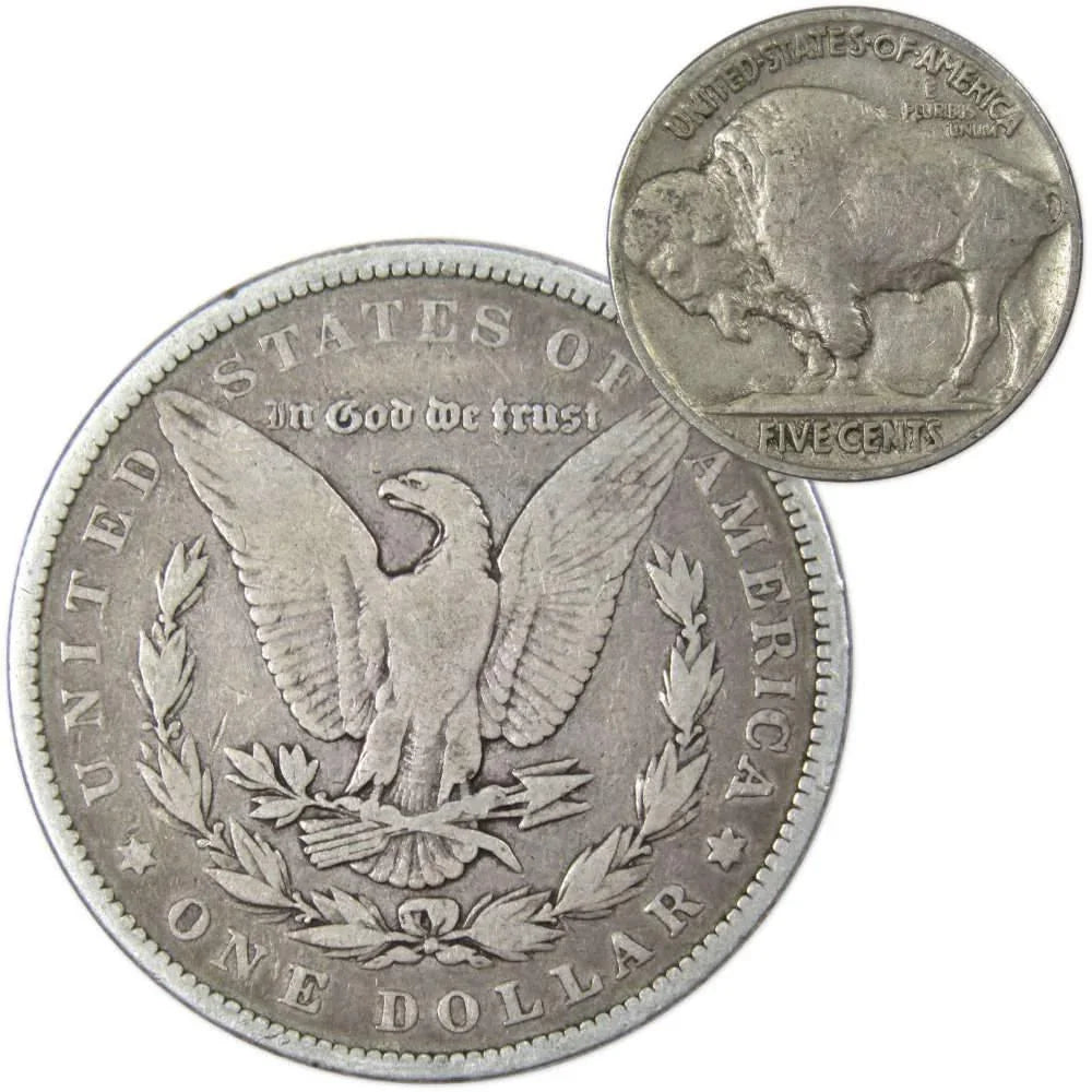 1883 Morgan Dollar VG Very Good 90% Silver Coin with 1934 Buffalo Nickel F Fine - Morgan coin - Morgan silver dollar - Morgan silver dollar for sale - Profile Coins & Collectibles