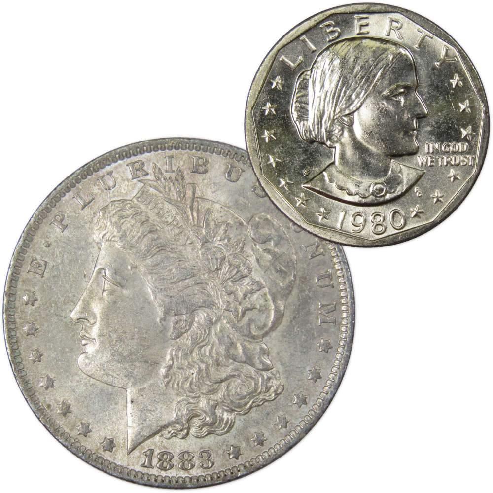 1883 O Morgan Dollar AU About Uncirculated with 1980 S SBA$ BU Uncirculated - Morgan coin - Morgan silver dollar - Morgan silver dollar for sale - Profile Coins & Collectibles