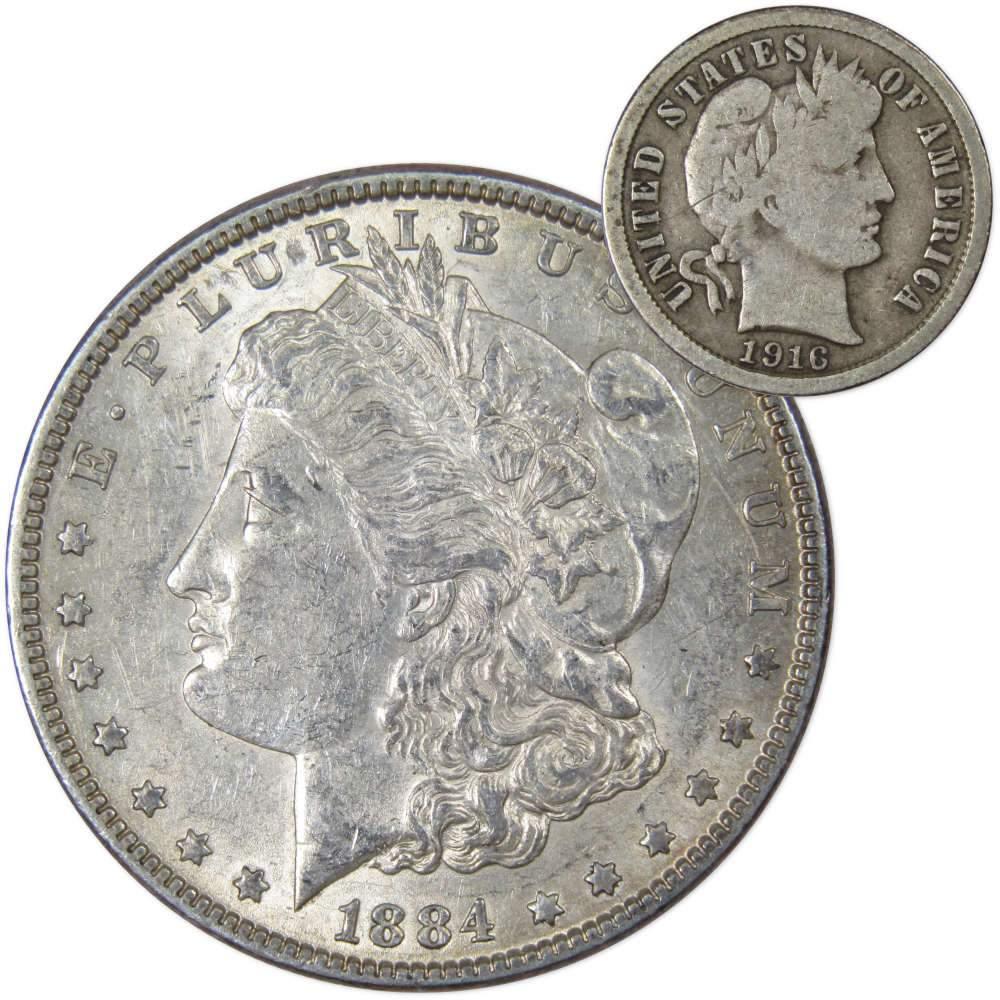 1884 Morgan Dollar XF EF Extremely Fine 90% Silver with 1916 Barber Dime G Good - Morgan coin - Morgan silver dollar - Morgan silver dollar for sale - Profile Coins & Collectibles