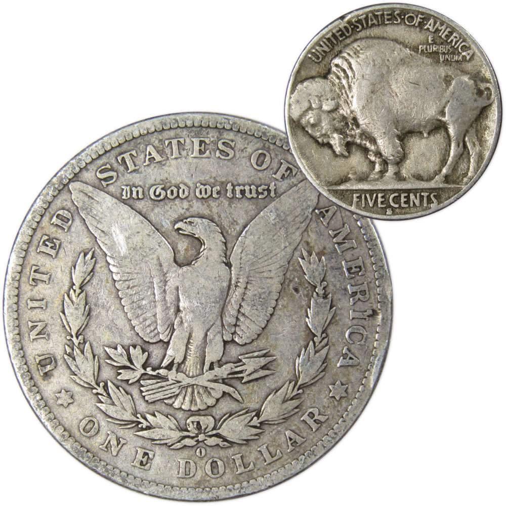 1884 O Morgan Dollar VG Very Good 90% Silver with 1930 S Buffalo Nickel F Fine - Morgan coin - Morgan silver dollar - Morgan silver dollar for sale - Profile Coins & Collectibles
