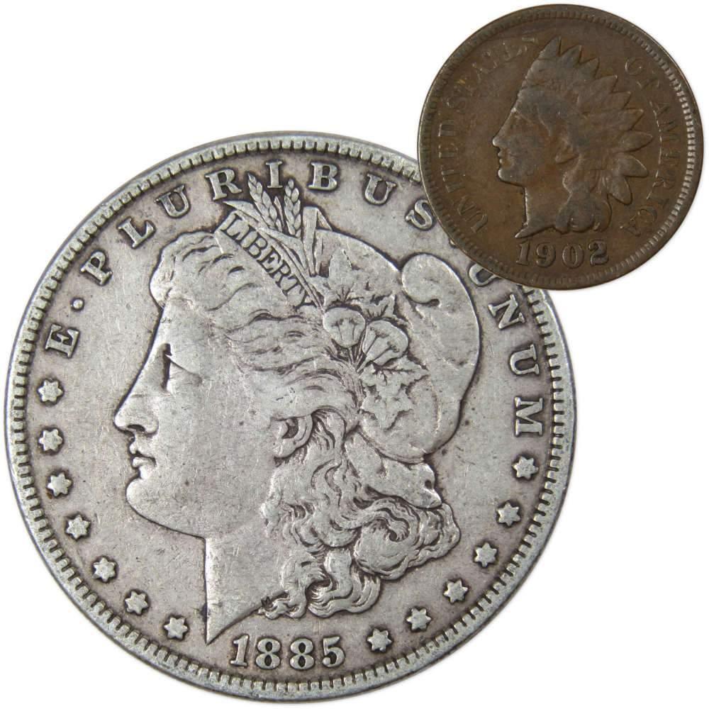 1885 Morgan Dollar F Fine 90% Silver Coin with 1902 Indian Head Cent G Good - Morgan coin - Morgan silver dollar - Morgan silver dollar for sale - Profile Coins & Collectibles