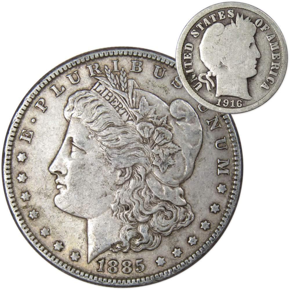 1885 Morgan Dollar XF EF Extremely Fine 90% Silver with 1916 Barber Dime G Good - Morgan coin - Morgan silver dollar - Morgan silver dollar for sale - Profile Coins & Collectibles