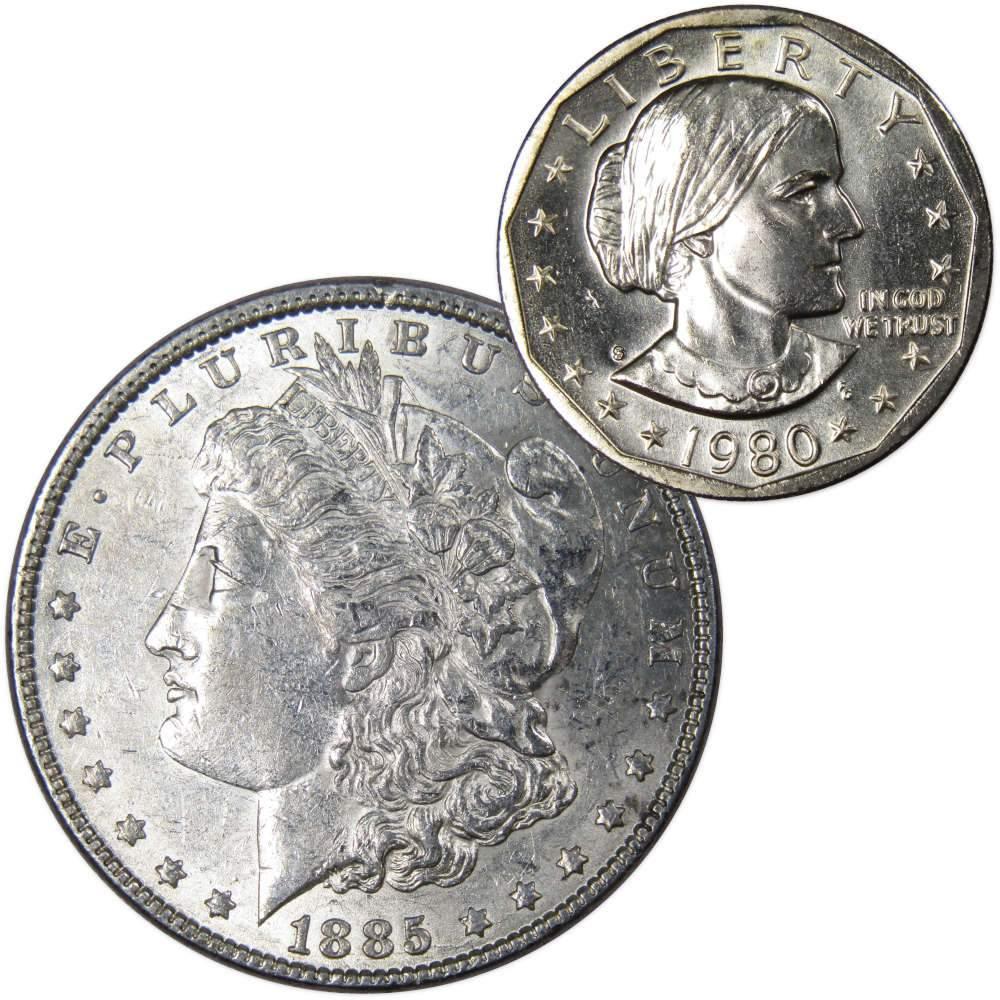 1885 Morgan Dollar AU About Uncirculated with 1980 S SBA$ BU Uncirculated - Morgan coin - Morgan silver dollar - Morgan silver dollar for sale - Profile Coins & Collectibles