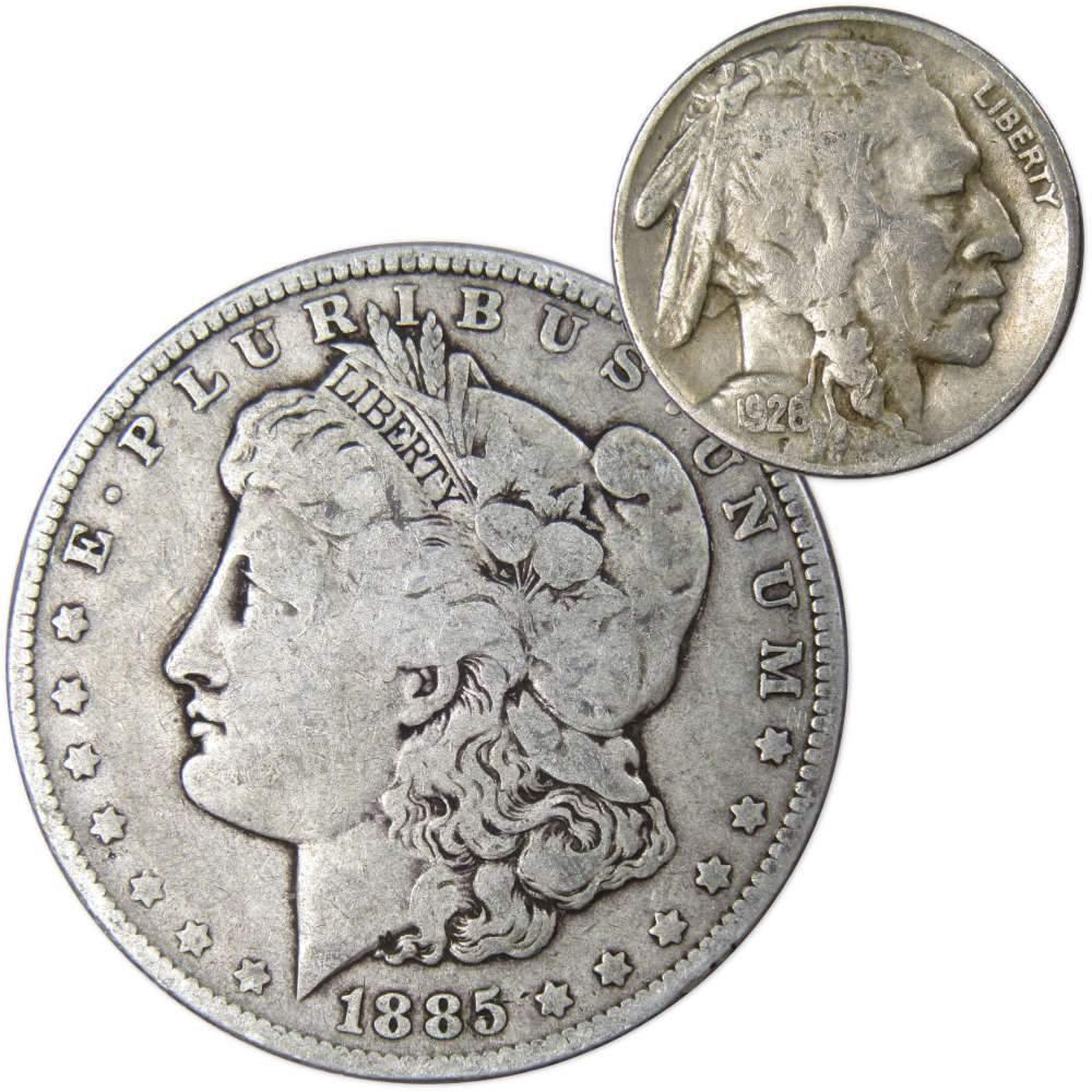 1885 O Morgan Dollar VG Very Good 90% Silver with 1926 Buffalo Nickel F Fine - Morgan coin - Morgan silver dollar - Morgan silver dollar for sale - Profile Coins & Collectibles