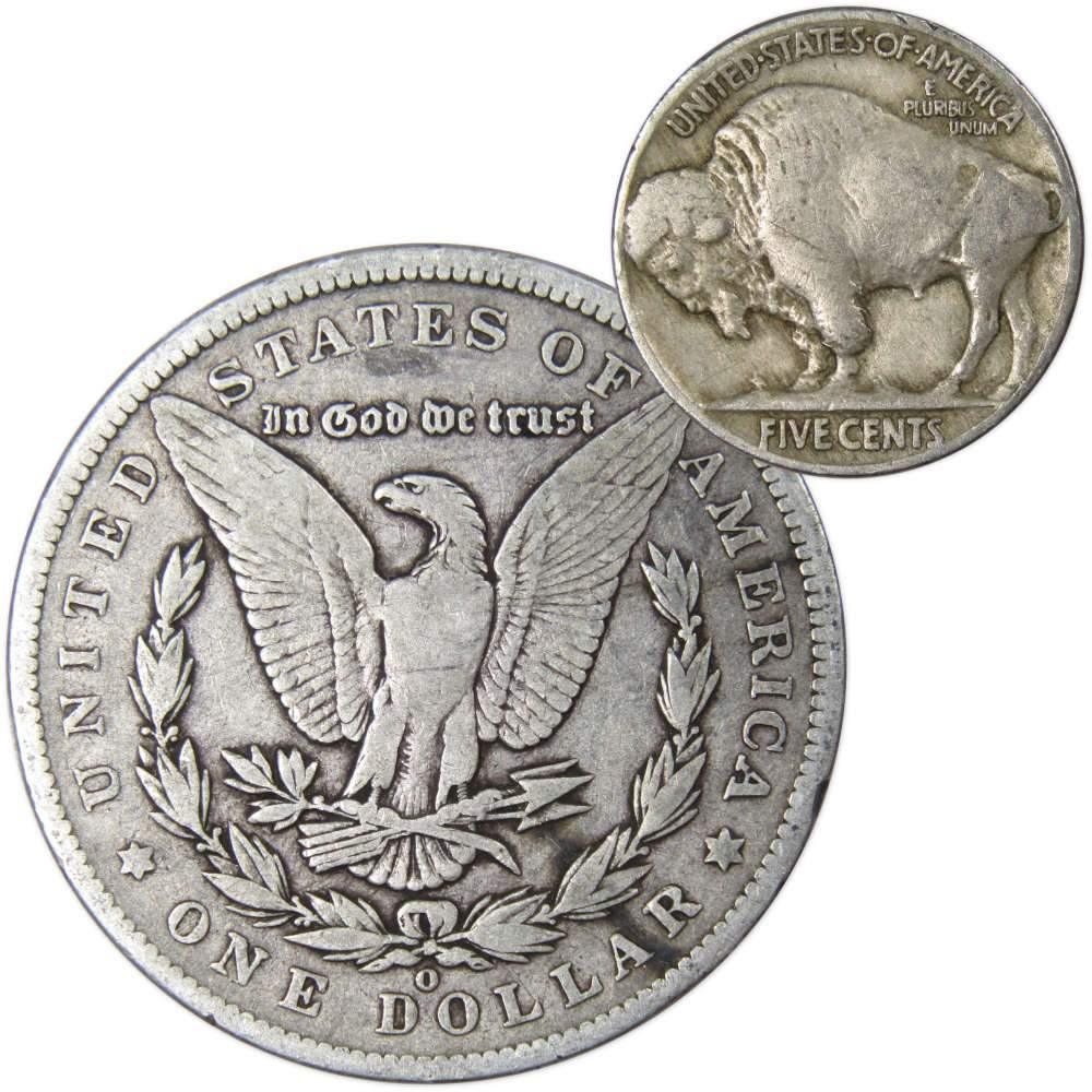 1885 O Morgan Dollar VG Very Good 90% Silver with 1926 Buffalo Nickel F Fine - Morgan coin - Morgan silver dollar - Morgan silver dollar for sale - Profile Coins & Collectibles