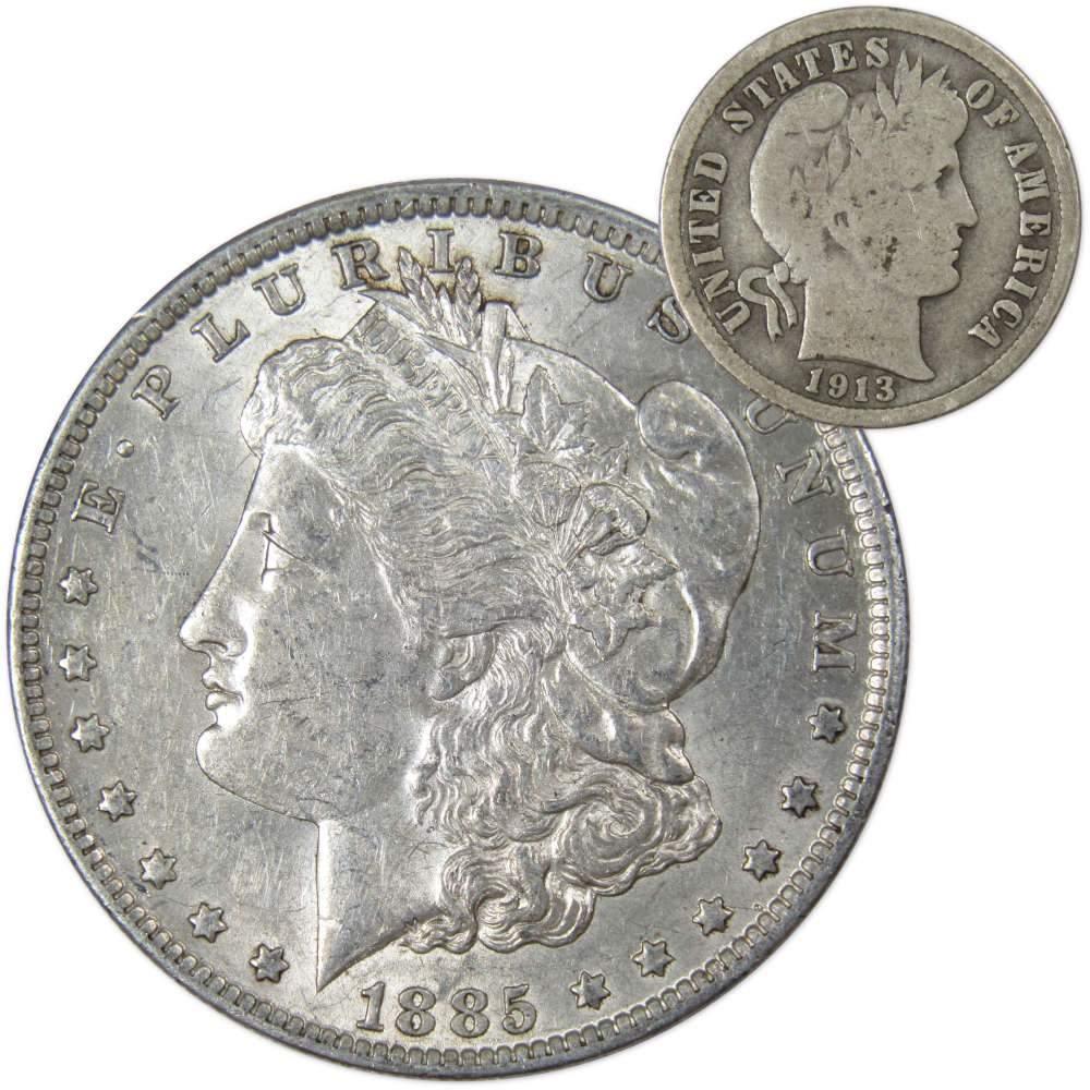 1885 O Morgan Dollar XF EF Extremely Fine with 1913 Barber Dime G Good - Morgan coin - Morgan silver dollar - Morgan silver dollar for sale - Profile Coins & Collectibles