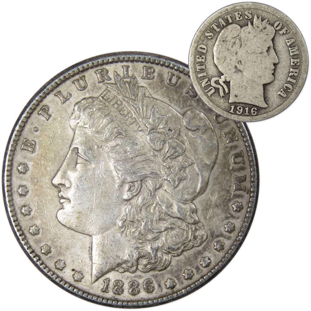 1886 Morgan Dollar XF EF Extremely Fine 90% Silver with 1916 Barber Dime G Good - Morgan coin - Morgan silver dollar - Morgan silver dollar for sale - Profile Coins & Collectibles