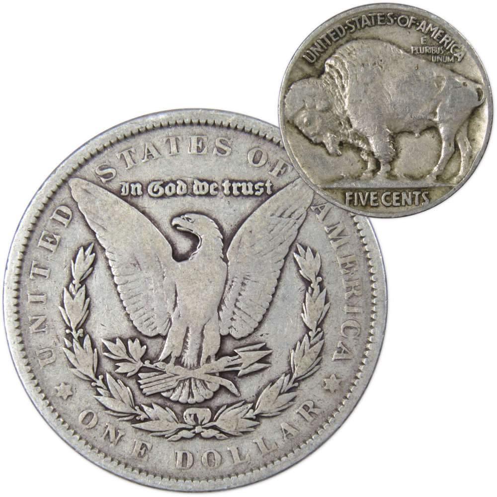 1888 Morgan Dollar VG Very Good 90% Silver Coin with 1927 Buffalo Nickel F Fine - Morgan coin - Morgan silver dollar - Morgan silver dollar for sale - Profile Coins & Collectibles