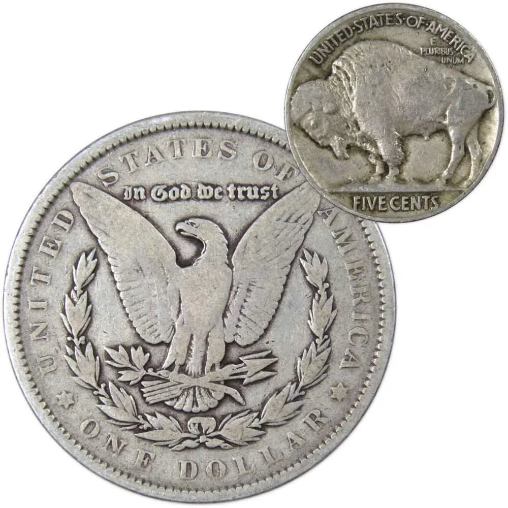 1888 Morgan Dollar VG Very Good 90% Silver Coin with 1927 Buffalo Nickel F Fine - Morgan coin - Morgan silver dollar - Morgan silver dollar for sale - Profile Coins & Collectibles