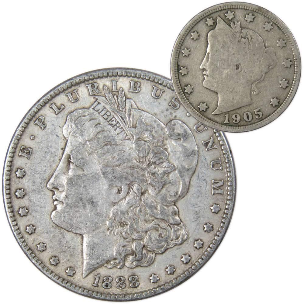 1888 Morgan Dollar VF Very Fine 90% Silver Coin with 1905 Liberty Nickel G Good - Morgan coin - Morgan silver dollar - Morgan silver dollar for sale - Profile Coins & Collectibles