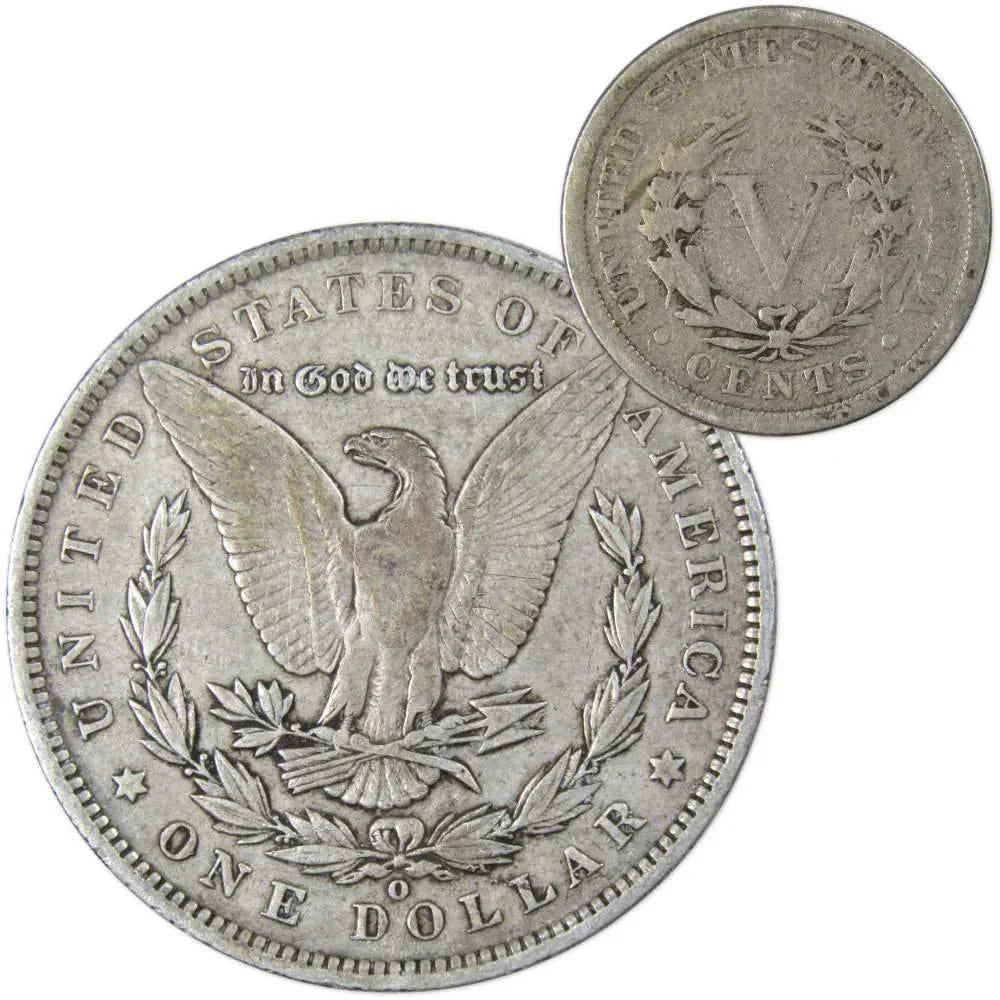 1888 O Morgan Dollar VF Very Fine 90% Silver with 1906 Liberty Nickel G Good - Morgan coin - Morgan silver dollar - Morgan silver dollar for sale - Profile Coins & Collectibles