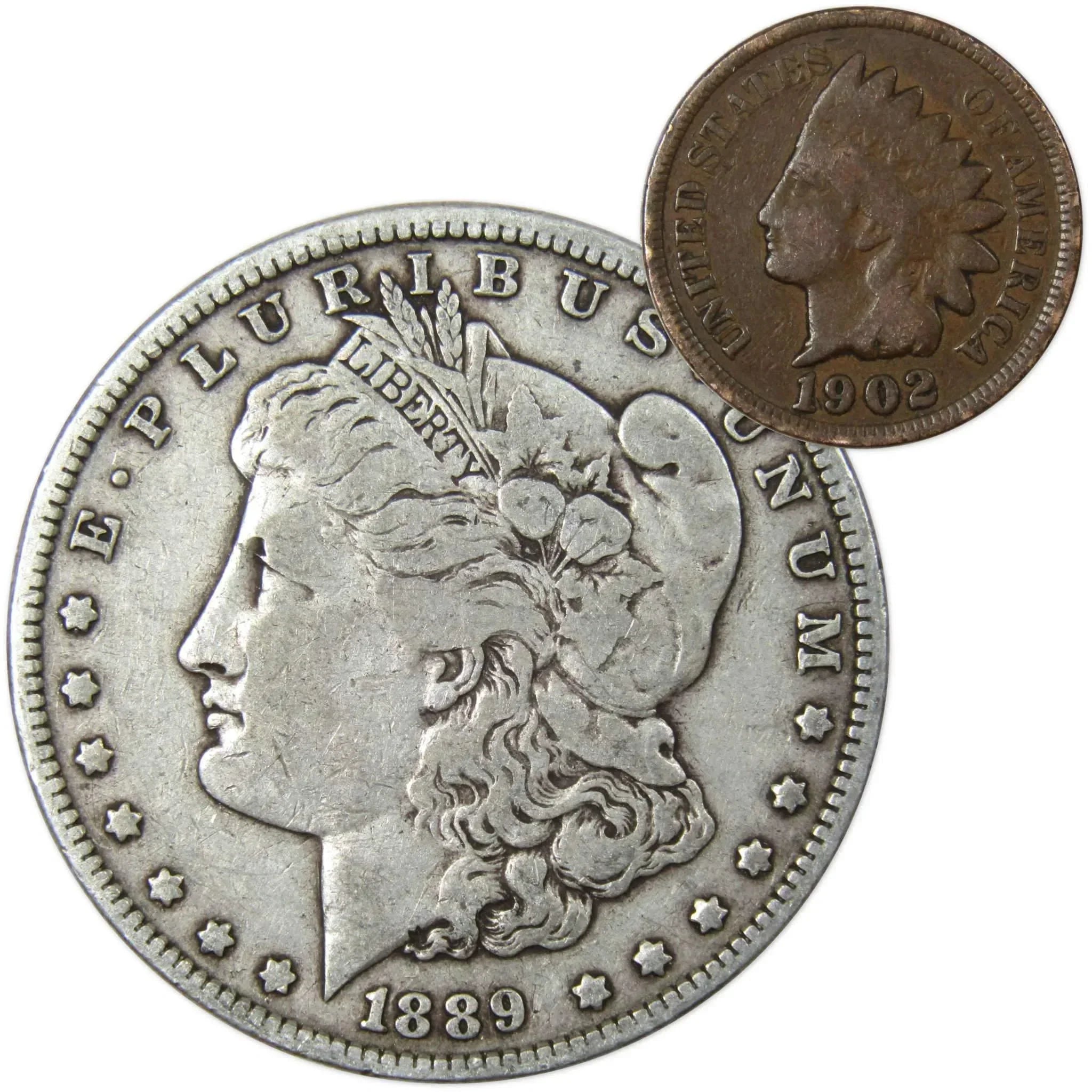 1889 Morgan Dollar F Fine 90% Silver Coin with 1902 Indian Head Cent G Good - Morgan coin - Morgan silver dollar - Morgan silver dollar for sale - Profile Coins & Collectibles