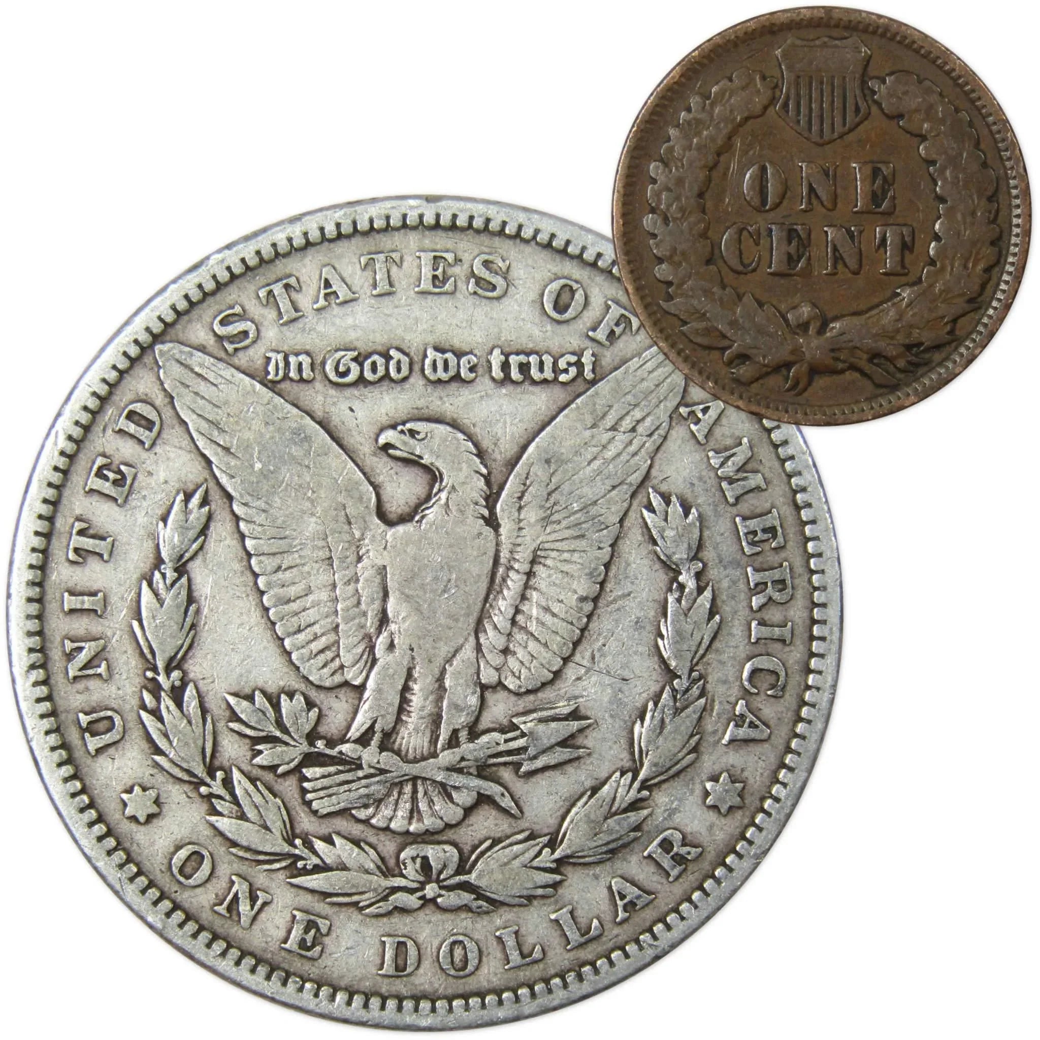 1889 Morgan Dollar F Fine 90% Silver Coin with 1902 Indian Head Cent G Good - Morgan coin - Morgan silver dollar - Morgan silver dollar for sale - Profile Coins & Collectibles