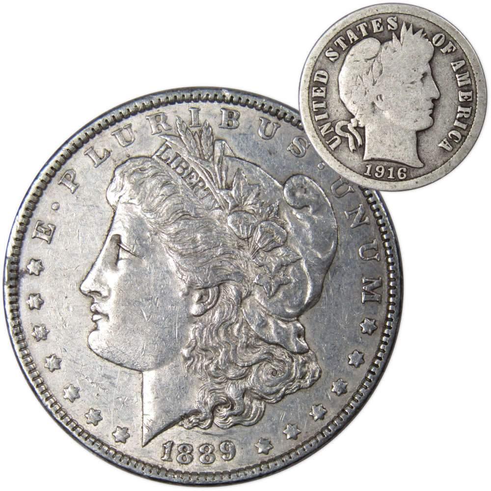 1889 Morgan Dollar XF EF Extremely Fine 90% Silver with 1916 Barber Dime G Good - Morgan coin - Morgan silver dollar - Morgan silver dollar for sale - Profile Coins & Collectibles