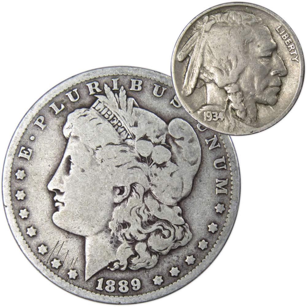 1889 O Morgan Dollar VG Very Good 90% Silver with 1934 Buffalo Nickel F Fine - Morgan coin - Morgan silver dollar - Morgan silver dollar for sale - Profile Coins & Collectibles