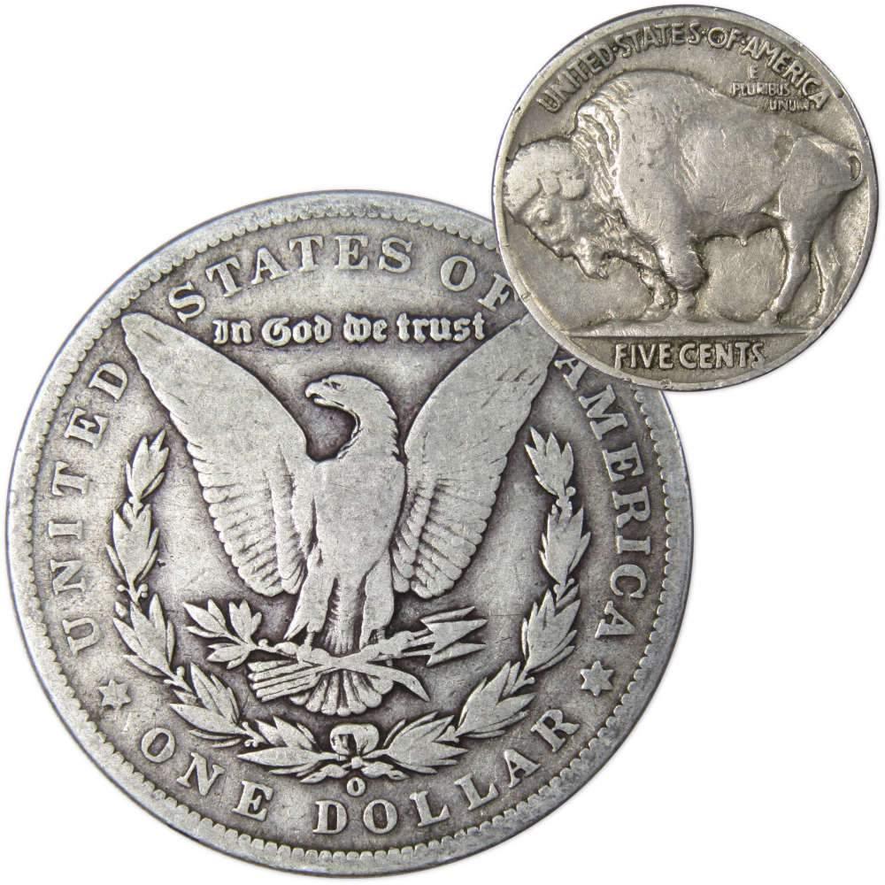 1889 O Morgan Dollar VG Very Good 90% Silver with 1934 Buffalo Nickel F Fine - Morgan coin - Morgan silver dollar - Morgan silver dollar for sale - Profile Coins & Collectibles