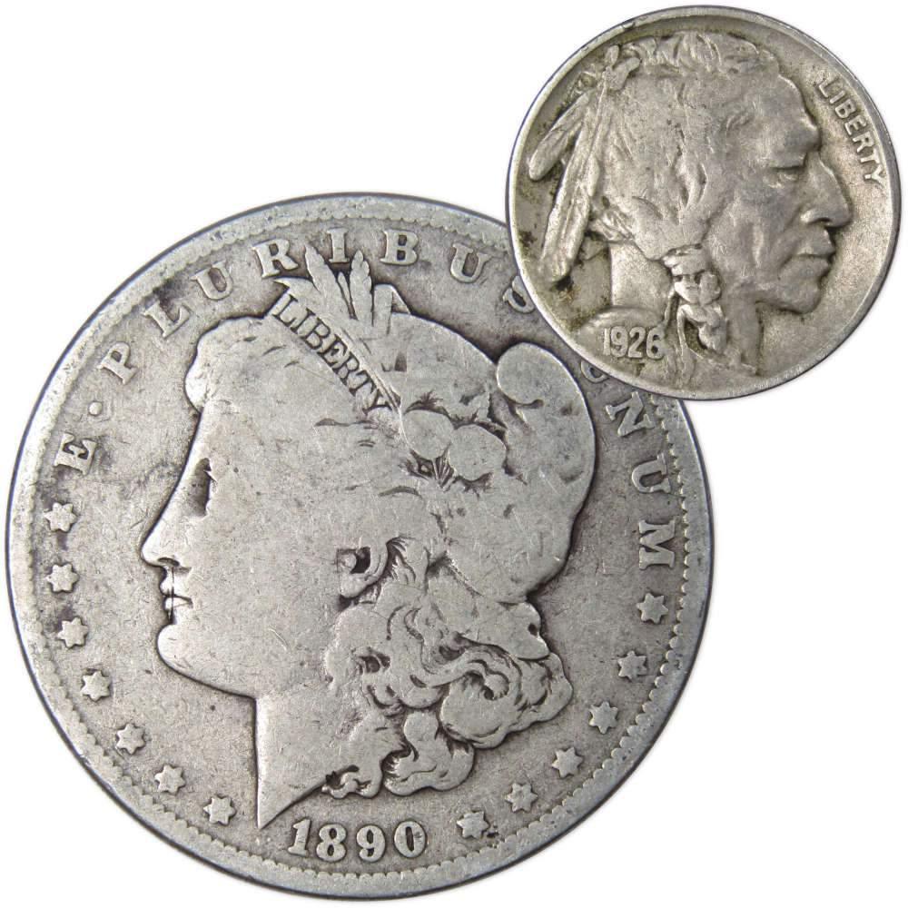 1890 Morgan Dollar VG Very Good 90% Silver Coin with 1926 Buffalo Nickel F Fine - Morgan coin - Morgan silver dollar - Morgan silver dollar for sale - Profile Coins & Collectibles