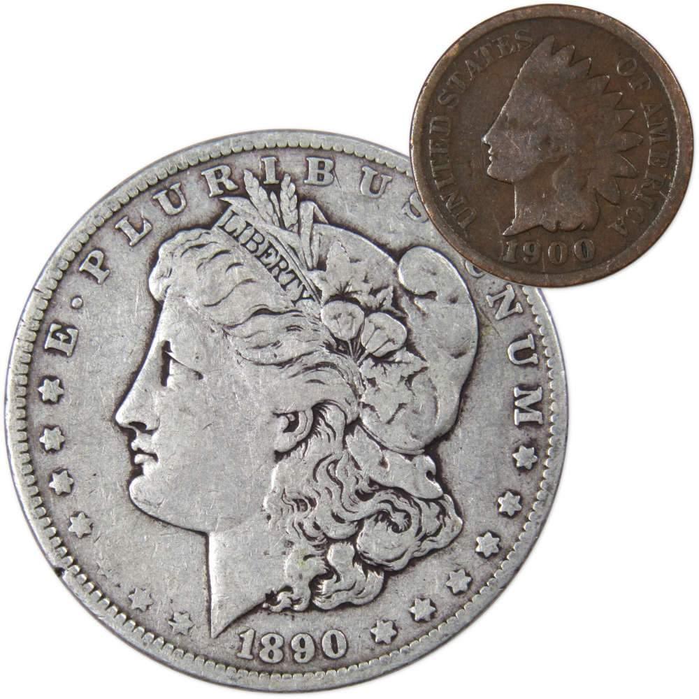 1890 Morgan Dollar F Fine 90% Silver Coin with 1900 Indian Head Cent G Good - Morgan coin - Morgan silver dollar - Morgan silver dollar for sale - Profile Coins & Collectibles