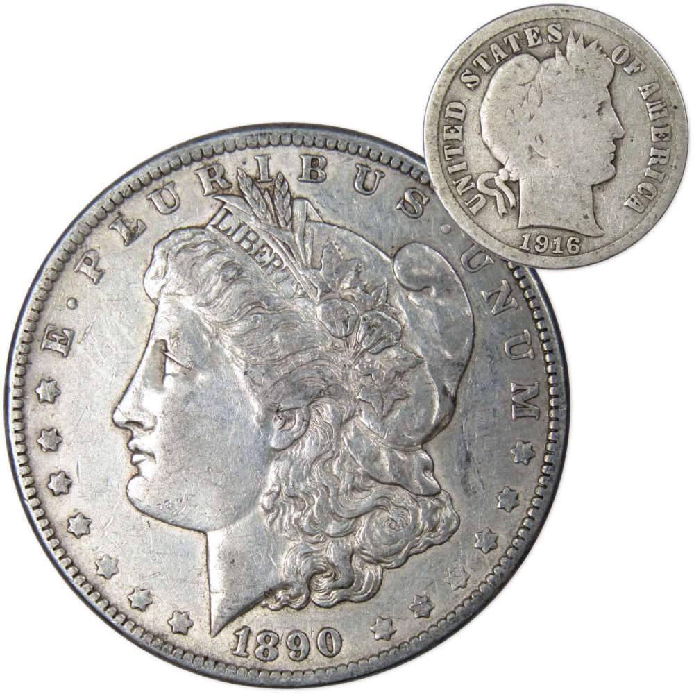 1890 Morgan Dollar XF EF Extremely Fine 90% Silver with 1916 Barber Dime G Good - Morgan coin - Morgan silver dollar - Morgan silver dollar for sale - Profile Coins & Collectibles