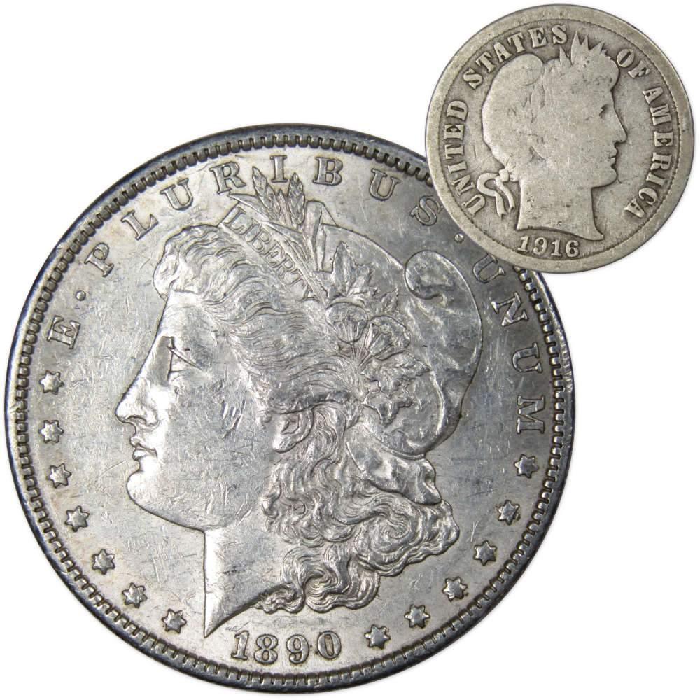 1890 S Morgan Dollar XF EF Extremely Fine with 1916 Barber Dime G Good - Morgan coin - Morgan silver dollar - Morgan silver dollar for sale - Profile Coins & Collectibles