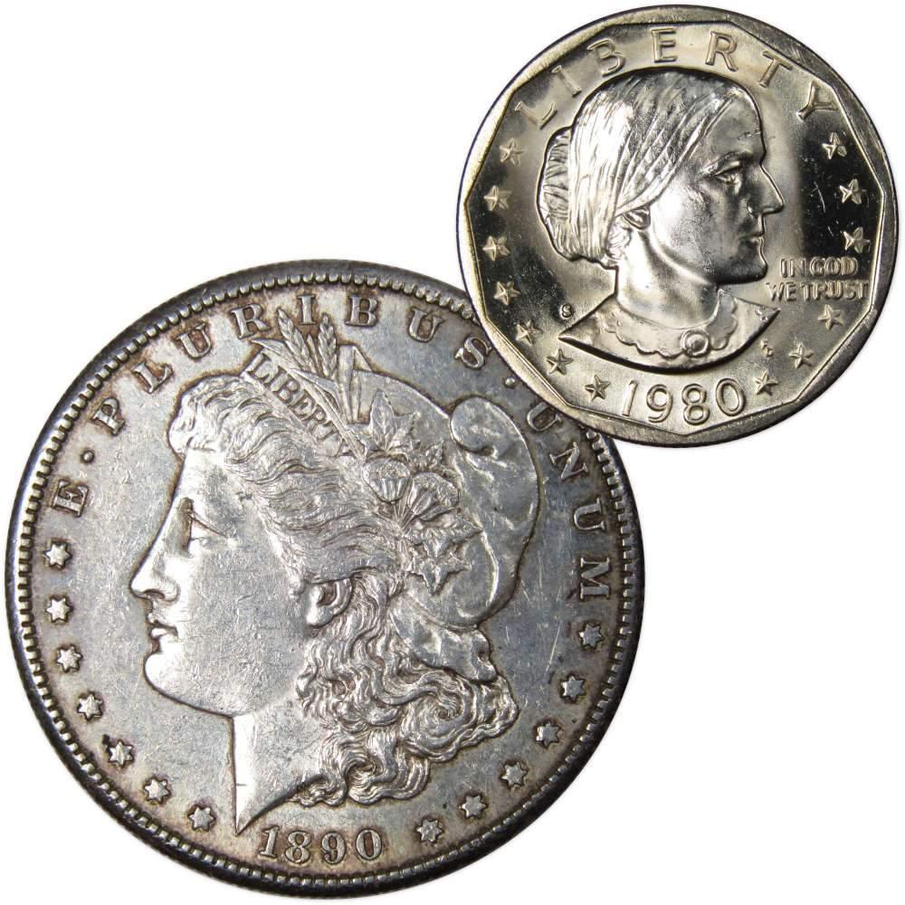 1890 S Morgan Dollar AU About Uncirculated with 1980 S SBA$ BU Uncirculated - Morgan coin - Morgan silver dollar - Morgan silver dollar for sale - Profile Coins & Collectibles