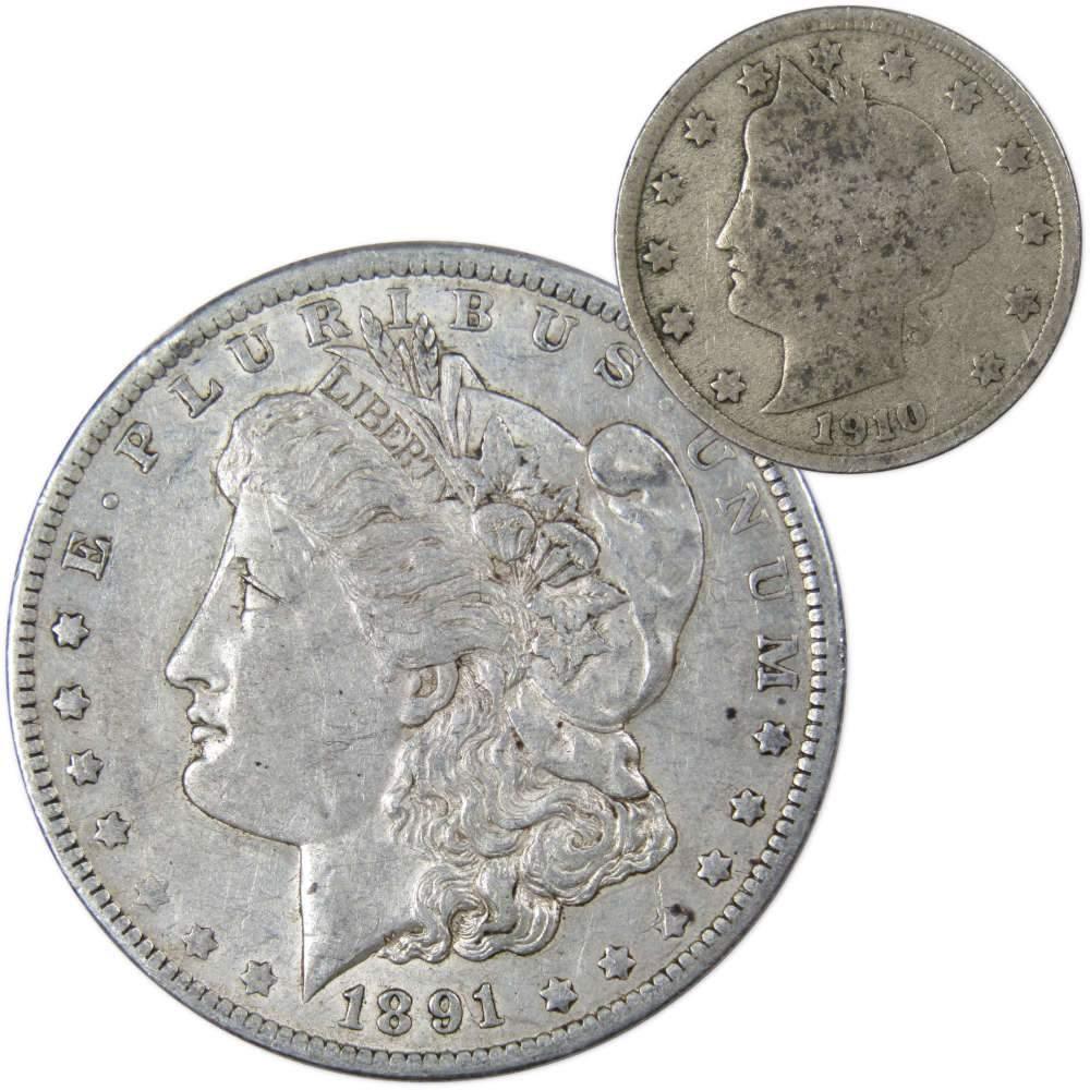 1891 O Morgan Dollar VF Very Fine 90% Silver with 1910 Liberty Nickel G Good - Morgan coin - Morgan silver dollar - Morgan silver dollar for sale - Profile Coins & Collectibles