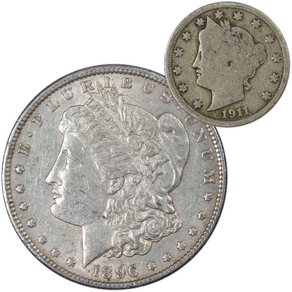 1896 Morgan Dollar VF Very Fine 90% Silver Coin with 1911 Liberty Nickel G Good - Morgan coin - Morgan silver dollar - Morgan silver dollar for sale - Profile Coins & Collectibles